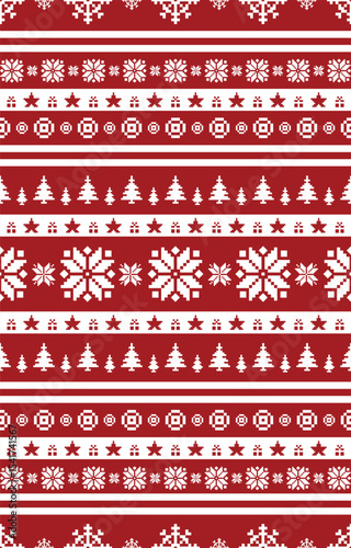 Christmas and New Year green and white seamless pattern, fairytale pixel pattern in white and green with Nordic snowflakes for winter hats, ugly sweaters, jumpers. wallpaper, paper or other design
