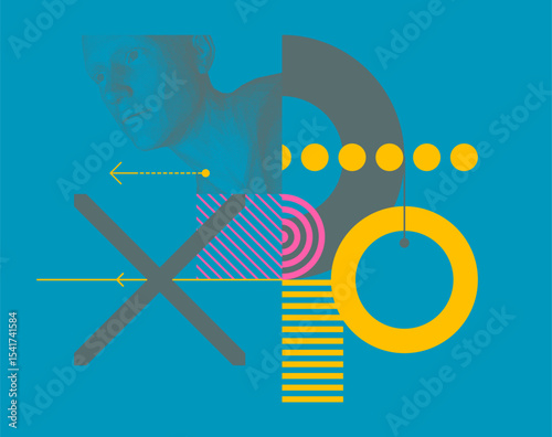 Discovery, studying and learning concept. Time to think. Man scientist thinking. Art composition. Geometrical background. Digital human head constructing from dots. Cover design template. Vector.