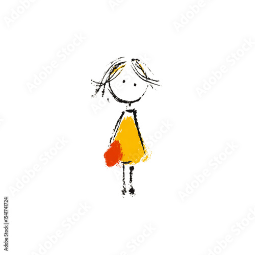 Cute stick figure girl holding orange heart on white background  