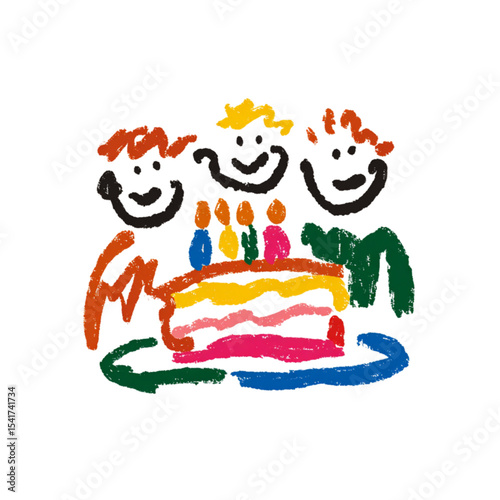 Three children celebrating with birthday cake and candles  