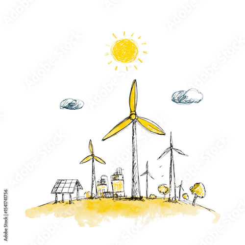 Renewable energy landscape with wind turbines and solar panels  