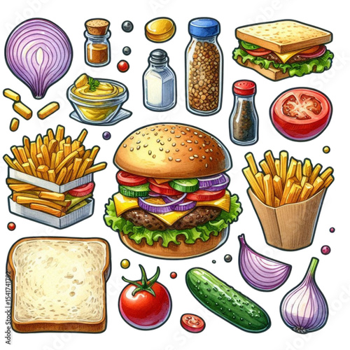 Colorful illustrations of burger, fries, and fresh ingredients  