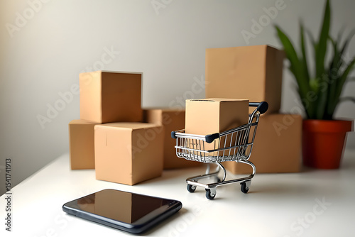 cardboard boxes in a 3d small shopping cart, placed on a desk, with a computer next to