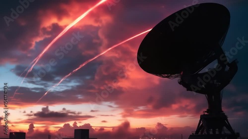 Dramatic sunset sky with satellite dish against fiery clouds during war