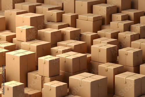 cardboard boxes in a 3d small shopping cart, placed on a desk, with a computer next to