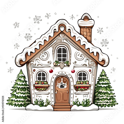 Gingerbread house vector color illustration in sketch style. Line art Christmas baking and treats on isolated background.