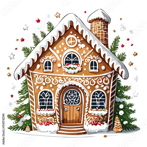 Gingerbread house vector color illustration in sketch style. Line art Christmas baking and treats on isolated background.