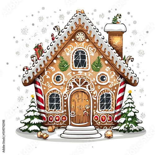 Gingerbread house vector color illustration in sketch style. Line art Christmas baking and treats on isolated background.