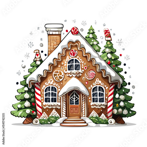 Gingerbread house vector color illustration in sketch style. Line art Christmas baking and treats on isolated background.