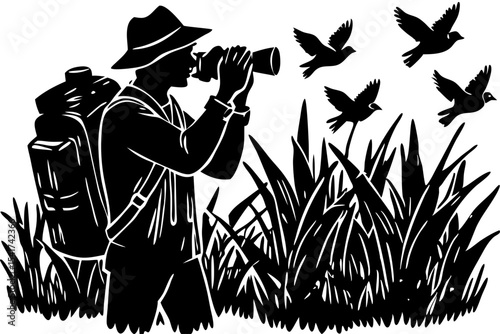 Birdwatching Enthusiast in Nature A Black and White Illustration
