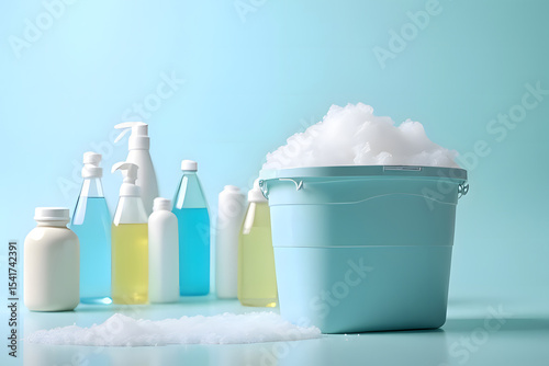 A square light plastic bucket with lots of soap bubbles. Next to it are bottles of various cleaning products.
