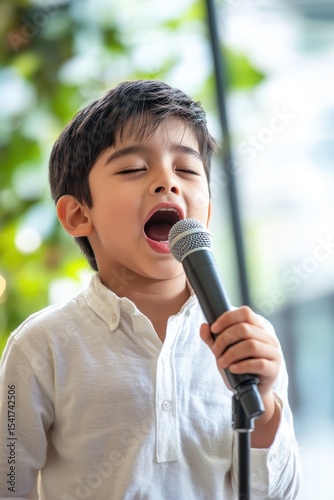 Kid Microphone. Attractive Young Asian Boy Singing and Yelling in Microphone