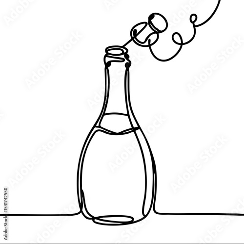 Uncorked champagne bottle with cork flying in minimalist line art  