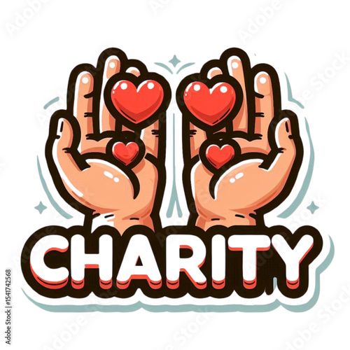 Hands holding hearts with charity logo in colorful design  