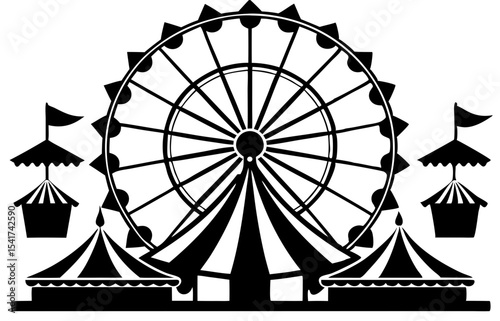 Classic Ferris Wheel and Carnival Tents A Black and White Illustration