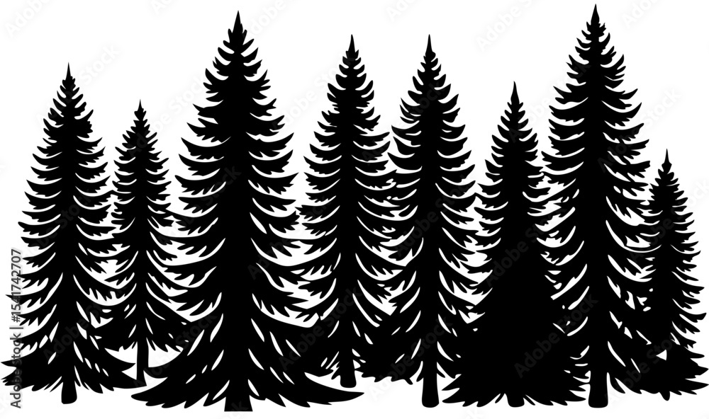 Fototapeta premium Majestic Evergreen Forest Silhouette Black and White Pine Tree Illustration