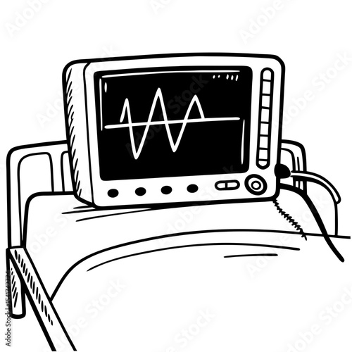Heart monitor displaying vital signs beside hospital bed  
