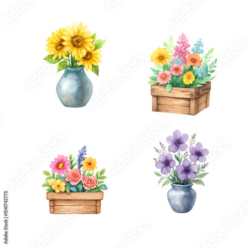 Set of colorful flower arrangements in various vases and pots  