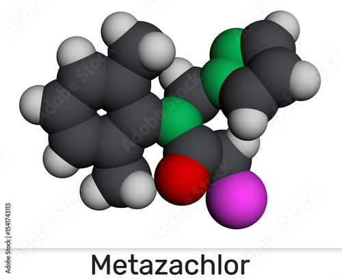 Metazachlor molecule. Chloroacetanilide herbicide used for selective weed control in crops. Molecular model. 3D rendering photo