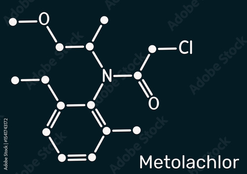 Metolachlor molecule. Chloroacetanilide herbicide used for pre-emergent weed control in agriculture. Dark blue background photo