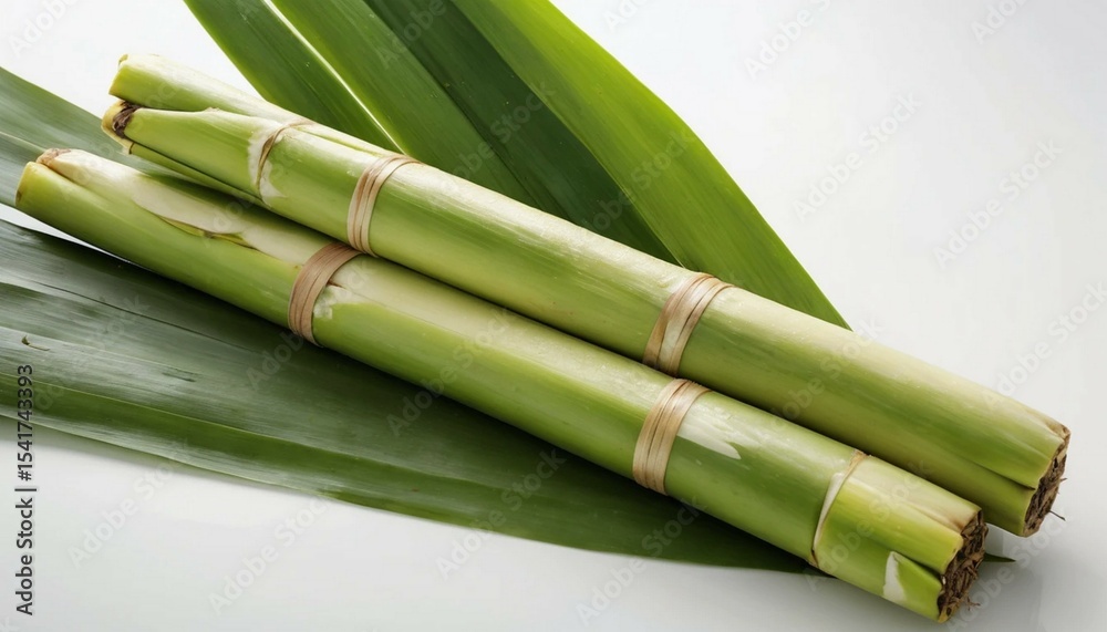 Obraz premium Fresh Sugar Cane Stalks with Green Leaves