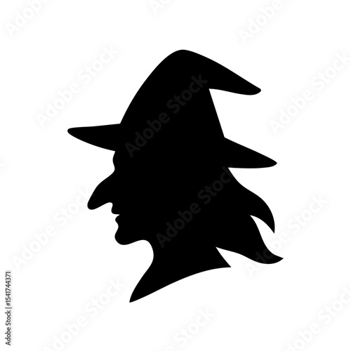 Silhouette of a witch in profile wearing a pointed hat. Minimalist black vector illustration perfect for Halloween designs, posters, stickers, decals, and magical themed projects.