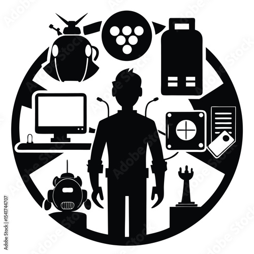A Retrofuturistic Collage Silhouette Exploring Themes of Technology, Humanity, and Innovation within a Circular Border Displaying Vintage Inspired Sci Fi