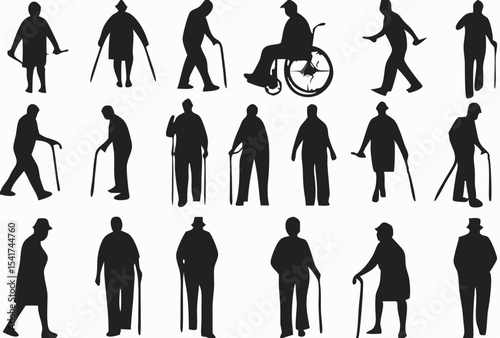 Silhouette illustrations of elderly people walking with canes and one in a wheelchair on white background created with generated ai