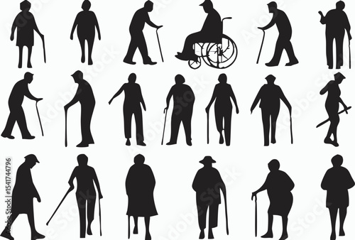 Silhouette illustrations of elderly people with canes and one in a wheelchair design 100 created with generated ai