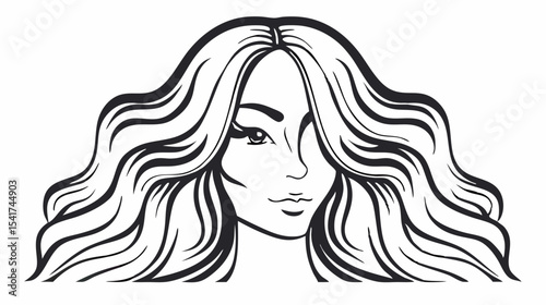 Illustration of a woman with long wavy hair in black and white line art style with detailed facial features created with generated ai