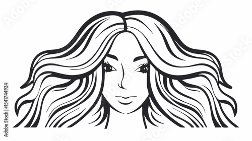 Illustration of a woman with long wavy hair and facial features in black and white outline style created with generated ai