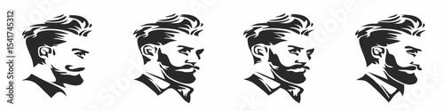 Four stylized black and white portraits of men with different beard styles and slicked back hair created with generated ai