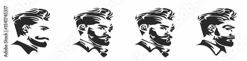 Four stylized black and white portraits of men with beards and stylish haircuts in profile view created with generated ai