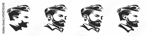 Four stylized portraits of men with varying beard styles in black and white profile views created with generated ai