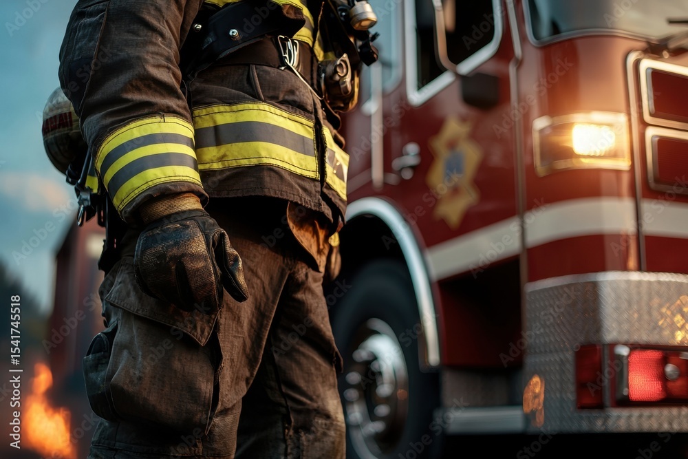 Heroic firefighter in uniform next to fire truck urban setting action shot dramatic environment close-up view fire safety concept Heroic firefighter in uniform next to fire truck urban setting action shot dramatic environment close-up view fire safety concept