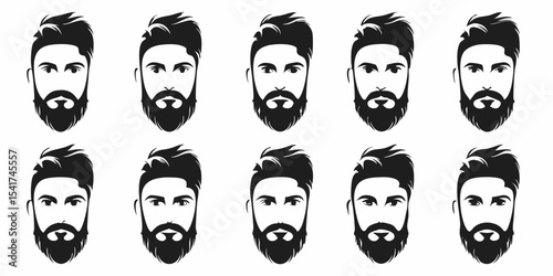 Collection of ten different bearded men with various hairstyles in black and white design created with generated ai