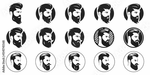 Collection of fifteen stylized black and white bearded men portraits in various circular frames design created with generated ai