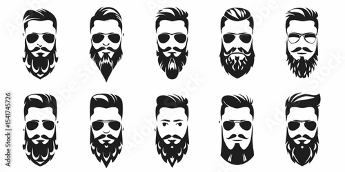 Collection of hipster faces with beards and sunglasses in black and white illustration style created with generated ai