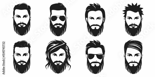 Collection of eight stylized bearded men with different hairstyles in black and white vector format created with generated ai