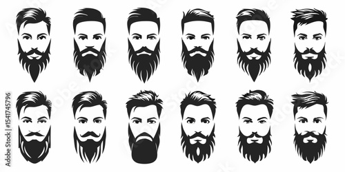 Collection of diverse beard styles and haircuts for men in black and white vector format design created with generated ai