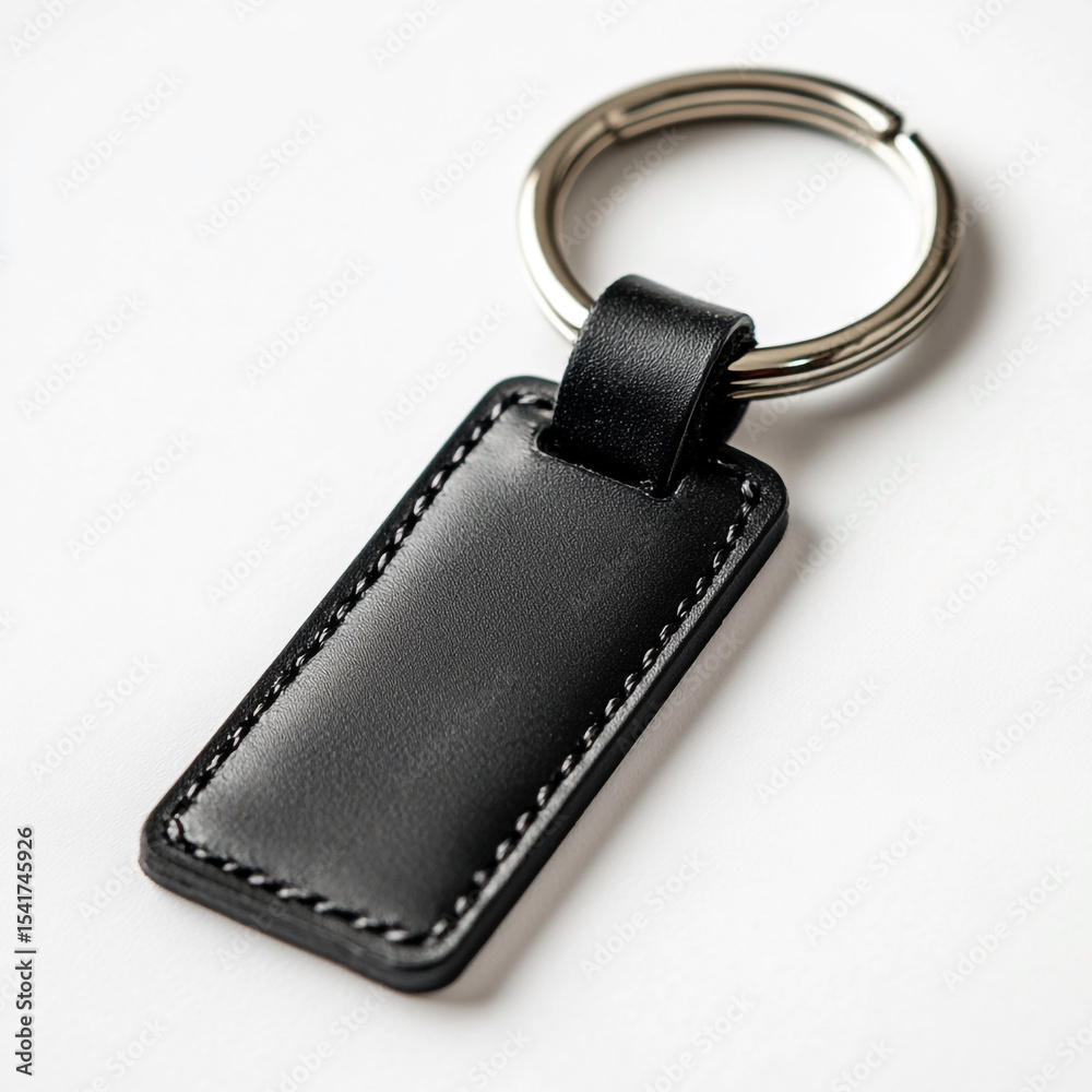 Elegant black leather keychain with silver key ring displayed on a clean white background for mockups and product advertisements Elegant black leather keychain with silver key ring displayed on a clean white background for mockups and product advertisements