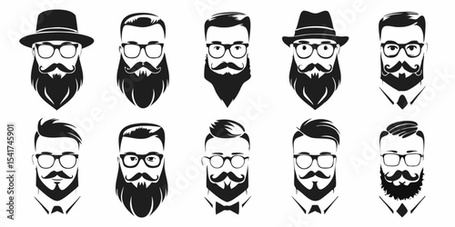 Collection of ten hipster style men with beards mustaches and glasses wearing hats and bowties in black and white created with generated ai