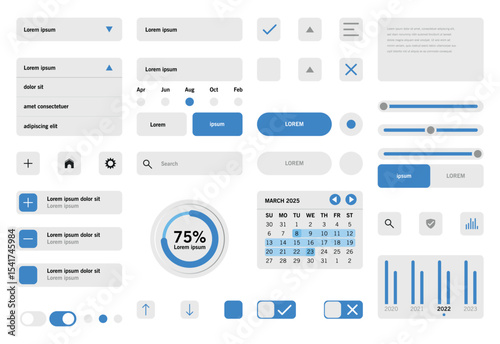 Modern flat UI kit with various blue and white elements including buttons, sliders, and charts	