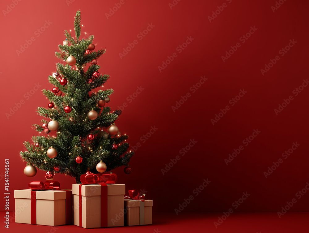 Obraz premium Simple Christmas Tree with Presents on a Red Background 빨간색 배경에 선물이 있는 심플한 크리스마스 트리