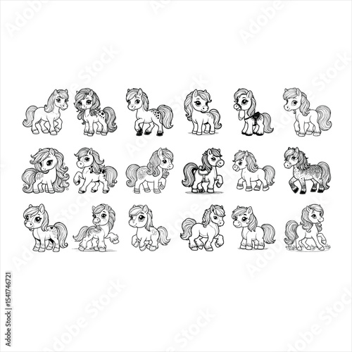 Cute little unicorn, Black and white linear drawing. For children's design of coloring books, prints, posters, cards, stickers, tattoos, etc. Vector set illustration