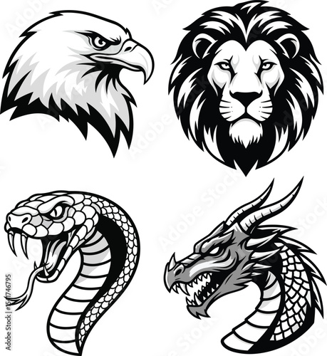 Animal head crest set – eagle, lion, snake, dragon in logo-style bold vector, flat black and white version.e