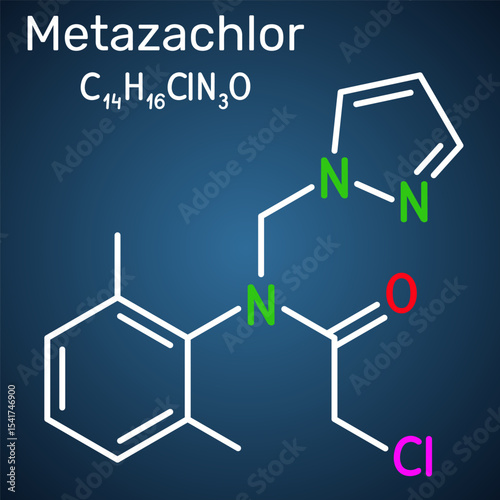 Metazachlor molecule. Chloroacetanilide herbicide used for selective weed control in crops. Dark blue background, illustration