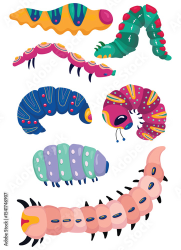 Set spring and summer colorful caterpillars. Pretty caterpillars different silhouette on white background. For festive card, banner, children, pattern, tattoo, decorative, concept. Vector illustration