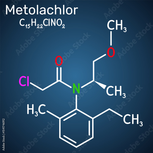 Metolachlor molecule. Chloroacetanilide herbicide used for pre-emergent weed control in agriculture. Dark blue background.  Illustration photo