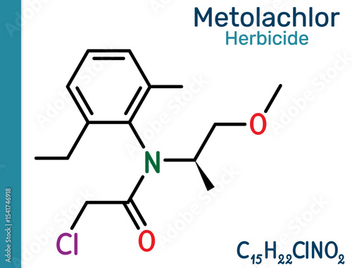 Metolachlor molecule. Chloroacetanilide herbicide used for pre-emergent weed control in agriculture